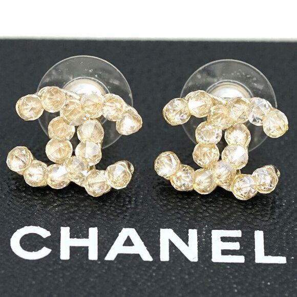 CHANEL CC Logos Rhinestone Stud Earrings Gold Tone A12A Auth w/Box - Picture 1 of 6